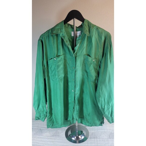 Bogari 100% Silk Button Down Shirt Green Long Sleeve Pockets Small Vintage Y2K - Picture 1 of 9
